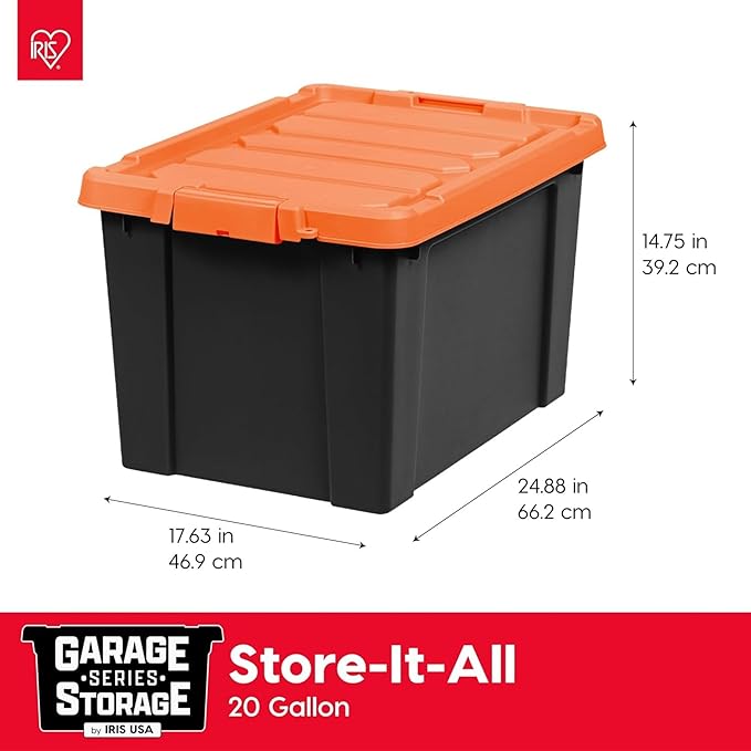 IRIS USA 20 Gallon Lockable Storage Bins with Lids 4 Pack - Made in USA Heavy Duty Stackable Containers Garage Organizing Bins Moving Tubs Rugged Sturdy Equipment Utility Box - Black/Orange