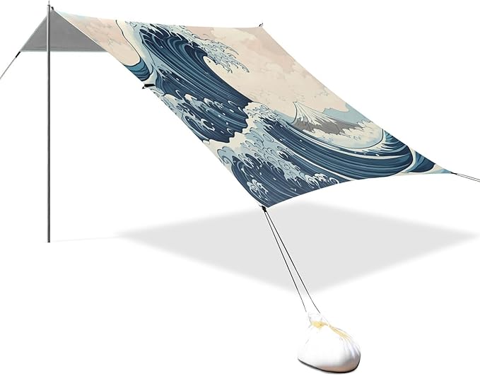 xigua Waves Beach Tent Sun Shelter with Carrying Bag - Silver Coated Oxford Fabric Beach Canopy for Beach Camping Fishing - Includes Windproof Ropes Sandbags &amp Stakes
