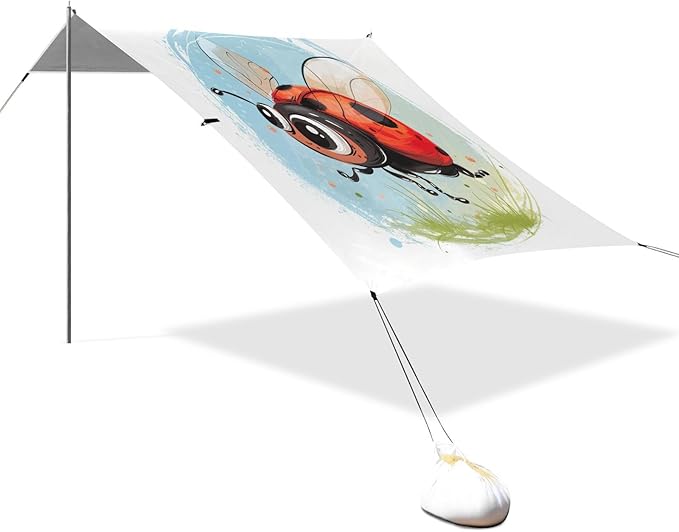 ALAZA Cute Lady Bug Cartoon Beach Tent Sun Shelter UPF50+ Protection Beach Shade Canopy w/ 4 Sandbags for Outdoor Camping Fishing Backyard Fun Picnic 10x9 ft