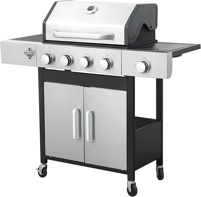 3-Burner Propane Gas BBQ Grill Stainless Steel Propane Grill 36900 BTU Outdoor Cabinet Style with Wheels Wire Rack and Two Foldable Side Table for Outdoor Barbecue Cooking (5-Burner GrillSilver)