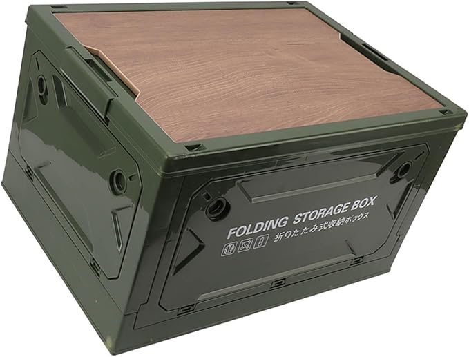 Dioche Camp KitchFolding Camping Storage Box with Wooden Lid - 50L Collapsible Container with Wheels for Easy Transport - Durable PP and MDF Material - Ideal for Camping Picnic and (OD Green)