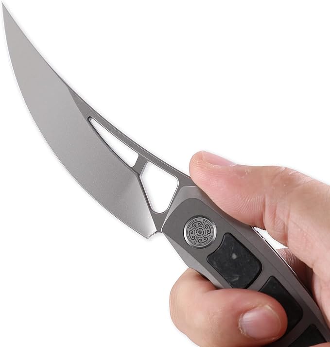 Cavolknife Kamasu Front Flipper Folding Knife3.74 M390 Steel Blade Persian KnifeTitanium &amp GITD Carbon Fiber Handle Pocket Knife Glowing in the darkTitanium Pocketclip(Grey)
