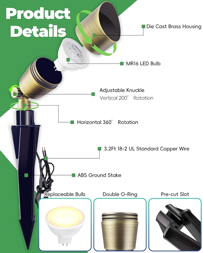 Low Voltage Brass Landscape Lights Solid Outdoor Spotlights with Replaceable MR16 LED Bulb 5W 2700K Warm White 12V 24V Landscape Lighting Waterproof Design for Garden Yard Patio