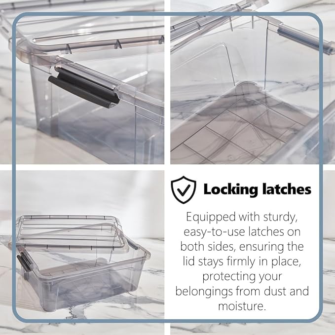Tribello Bulk Plastic Latching Storage Container Bin With With Lids For Organizing - Tinted - Made in EU (6 Pack 12.5 Quarts)