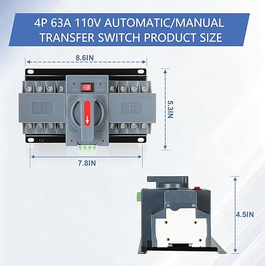 6-63amp AC110V Automatic/Manual Transfer Switch 4P 50/60Hz 4POLE 63A ATS Auto Changeover Dual Power Switch for Generator CE Certified ATS Solar Back Up Power Auto Selector Overvoltage Undervoltage
