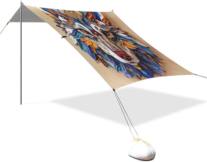 ALAZA Colorful Wolf Head Beach Tent Sun Shelter UPF50+ Protection Beach Shade Canopy w/ 4 Sandbags for Outdoor Camping Fishing Backyard Fun Picnic 10x9 ft