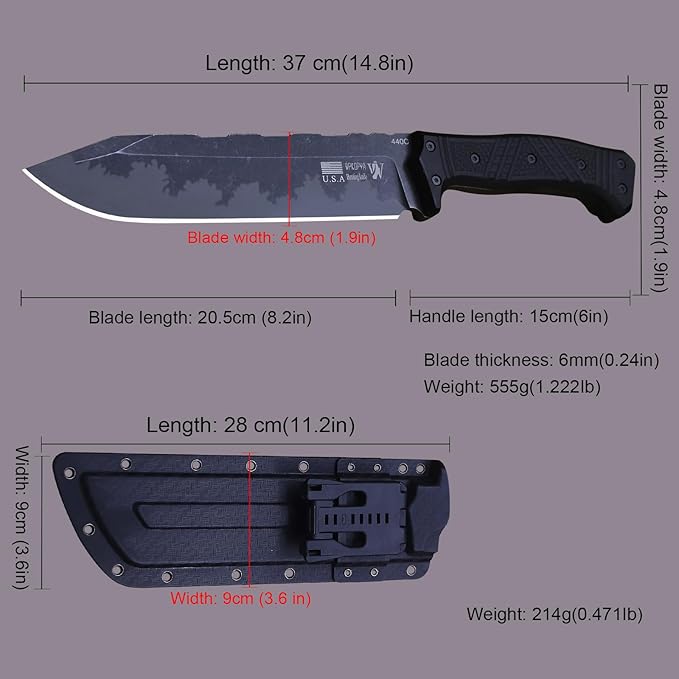 WPKOPYA Full Tang Outdoor Knife – 440C Stainless Steel Blade 6mm Thick 14.8in Overall Nylon Fiber Handle &amp Sheath Camping Hunting Survival Tool (black)