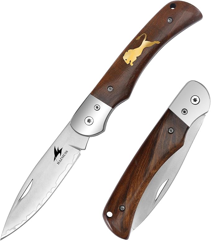 Pocket Folding Knife 3.1 inch 9Cr18MoV Stainless Steel Blade Sharp Pocket Knife with Comfortable Wooden Handle Multi-Tool for Camping