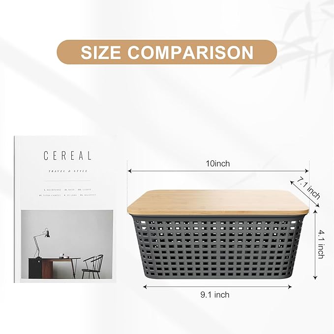 6Pcs Storage Bins with Lids Stackable Plastic Storage Basket with Bamboo Lid Pantry Organizer Box Small Containers for Organizing Shelves Drawer Desktop Closet Cabinet Office Classroom 10x7.1x4.1in