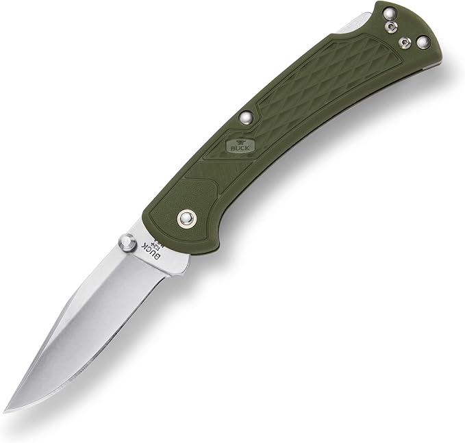 Buck Knives 112 Slim Select Folding EDC Knife 3” Pocket Knife Blade Nylon Handle 420HC Stainless Steel Modified Clip Point Folding Blade Made in the USA O. D. Green 2.5 oz
