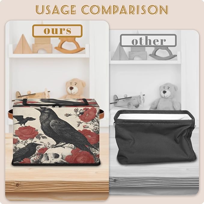 Halloween Crow Storage Bins with Lids Skull Floral Collapsible Cube Storage Basket with Leather Handle Foldable Storage Box with Lids for Organizing Home Closet