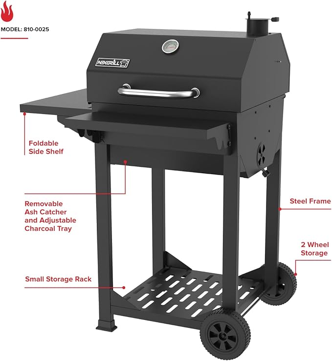 Nexgrill 22 Barrel Charcoal Grill with Side Shelf 550 SQ In Cooking Space Adjustable Chimney Air Dampers Temperature Gauge Warming Rack Smoker Grill for Camping Picnics and More - 810-0025