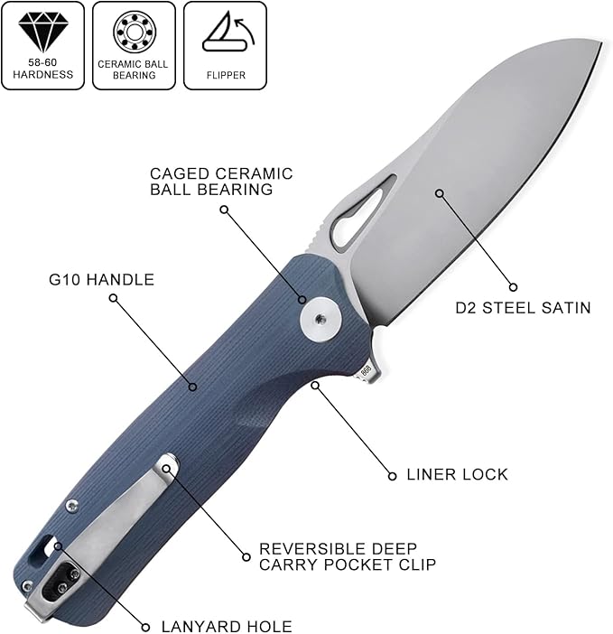 Petrified fish PF868 Bunta3.35 D2 Satin Blade146g G10 Handle Flipper Folding knife (Gray G10 Satin)