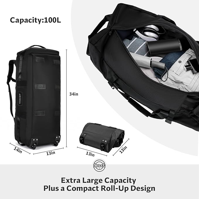 STOVER 45/80/100L Rolling Duffel Bag with Wheels X-Large Durable Travel Duffle + Toiletry Bag Heavy Duty Packable with Shoulder Straps- Use as Luggage or Backpack Men/Women (Black)