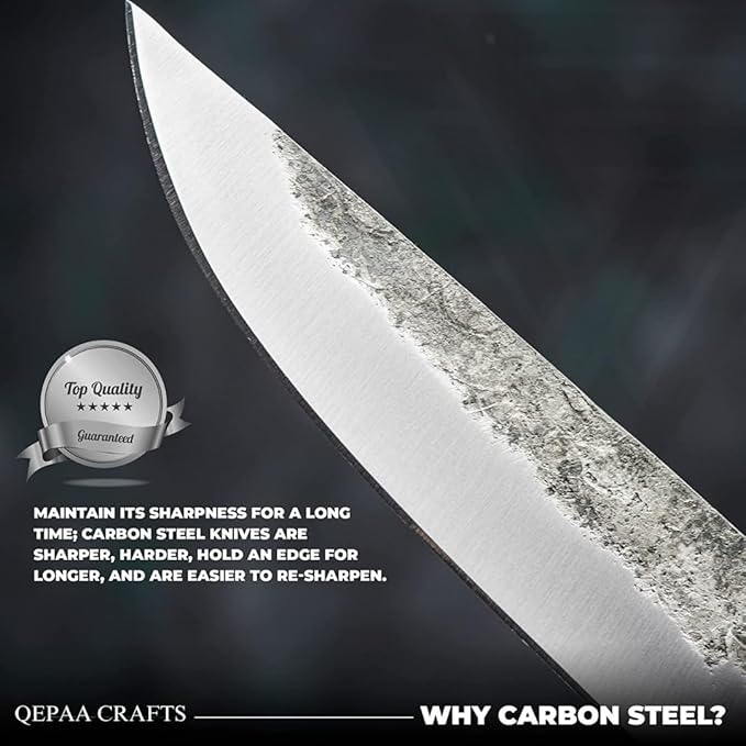 QEPAA CRAFTS® Odin's Raven Norse Viking-styled Knife 10.3 - Hand Forged 6.5 Carbon Steel Blade Raven's Head Hilt and Leather Sheath - Unique Medieval Seax Style - Norse Knife for Hunting &amp Camp