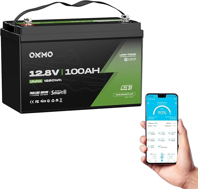 OKMO 12V 100Ah TM LiFePO4 Battery 150A BMS with Bluetooth 1280Wh 10 Years Lifetime 15000+ Deep Cyclesfor Marine RV Trolling Motor Boat Camper Low Temperature Protection