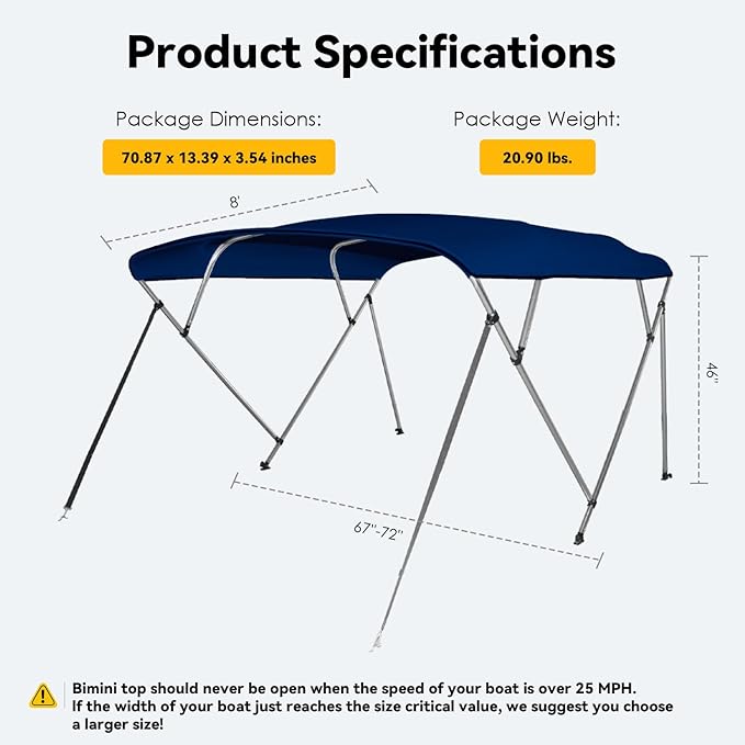 Deckpro 3-4 Bow Boat Bimini Tops 600D Solution Dyed Polyester Marine Grade Canvas with 1 Aluminum Frame Boat Canopy Includes Storage Boot 2 Support Poles 2 Straps