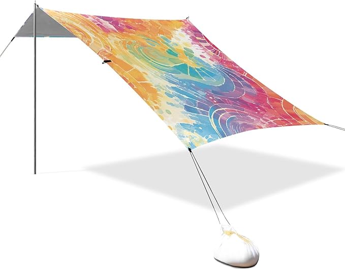 Lightgrey Tie-dye Background Vibrant Colors and Swirling Patterns Tie-dye Pattern Beach Cabana Tent UPF50+ Protection Easy Setup Shade Sun Shelter with Sand Shovel for Camping Trips Fishing