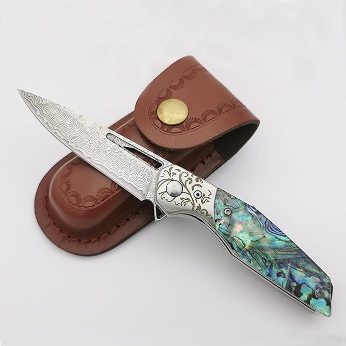 Pocket Knife Damascus Steel Blade Abalone Shell Handle Ball Bearing Pivot Sheath &amp Pocket Clip for Everyday and Outdoor Camping EDC tool Excellent Gift