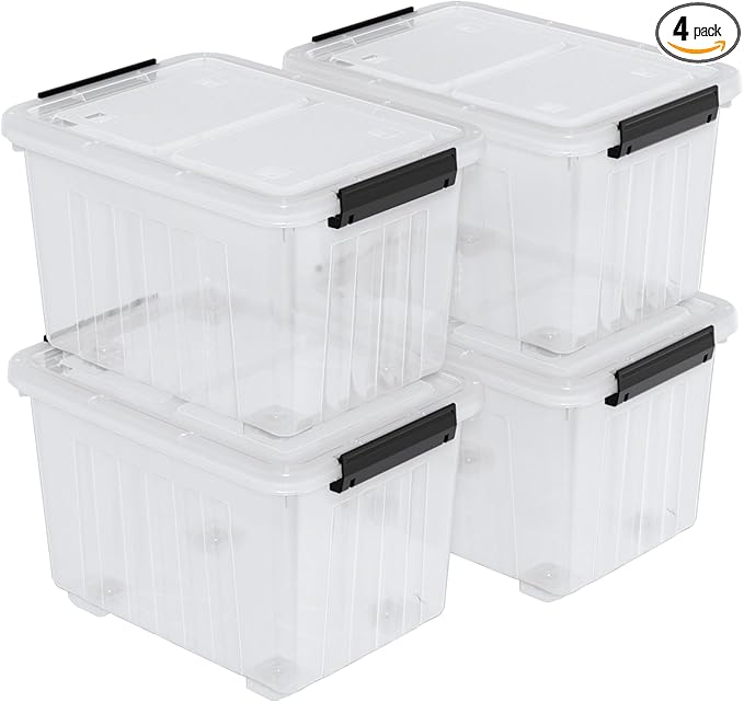 50 Quart Large Plastic Latching Box with Lid Clear Storage Bin with Wheels Stackable 4 Packs