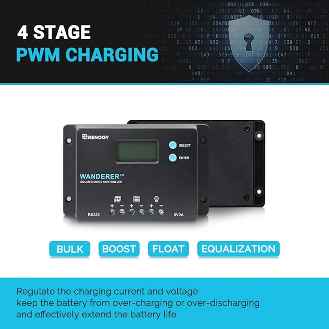 Renogy 10 Amp 12V/24V PWM Negative Ground Solar Charge Controller Compact Design w/LCD Display for AGM Gel Flooded and Lithium Battery Wanderer 10A