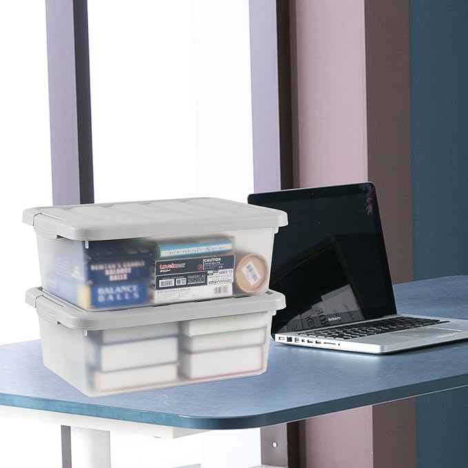 Wekioger Plastic Home Storage Bin with Grey Lid 14 Quart Frosted Clear Latching Bin 2 Packs