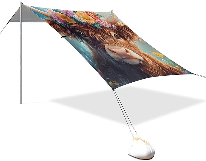 ALAZA Highland Cow Flowers Beach Tent Sun Shelter Portable Canopy Sunshade for Outdoor Camping Picnics Backyard Fun 10x9 ft