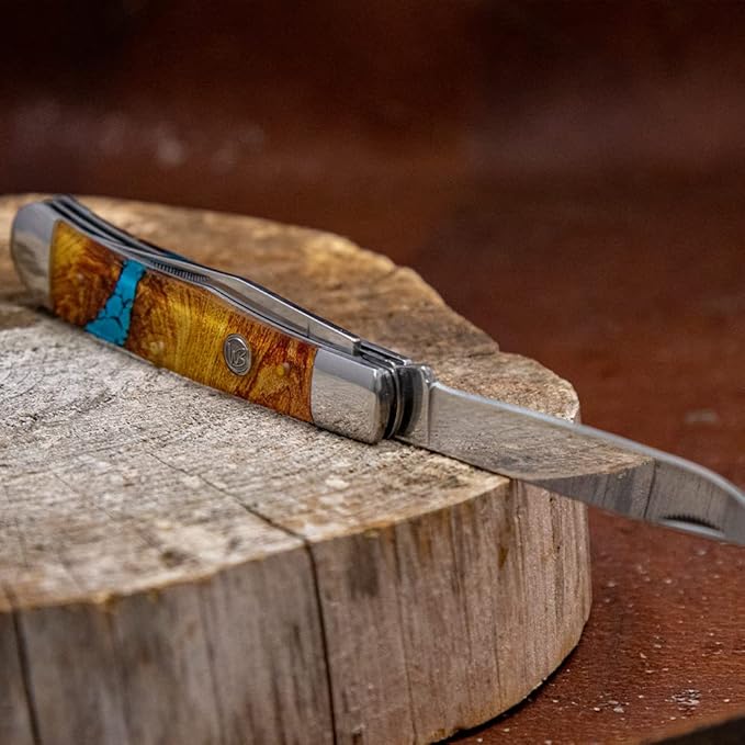 WHISKEY BENT HAT CO. Traditional Trapper Folding Pocket Knife 4.125 Closed Length 440C Stainless Steel Blades (Turquoise River)