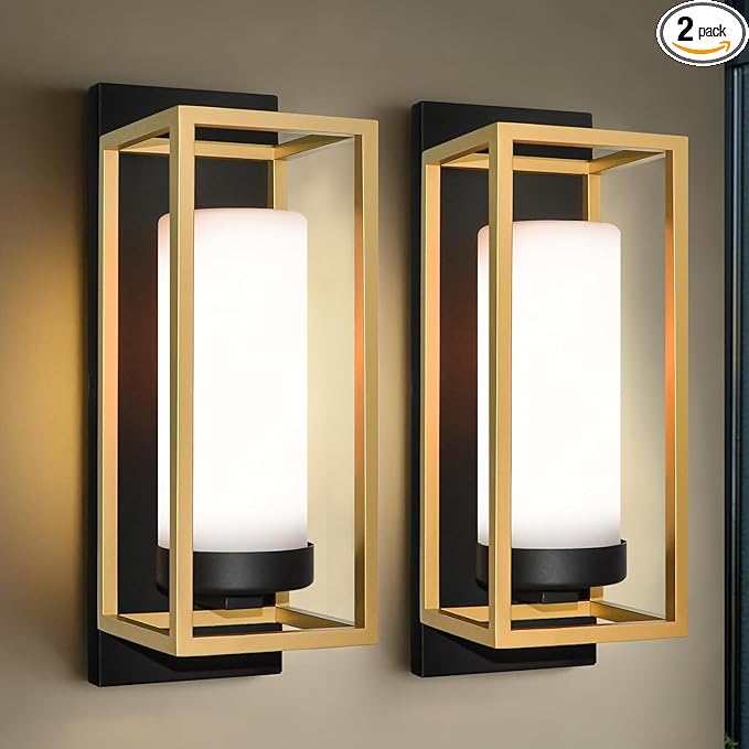 ALVIME Modern Outdoor Wall Lights 2 Pack Brushed Gold &amp Matte Black Exterior Sconce Waterproof Porch Light for House Garage Front Door Living Room Bathroom E26 Base Etched Opal Glass