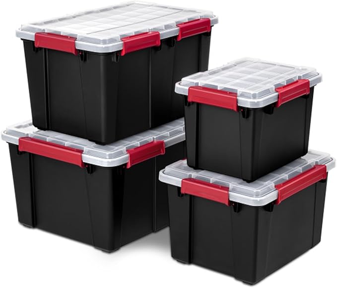 Sterilite 8 Pack Gasket Box Stackable Plastic 13.5 Gallon Storage Container with Lids Black - Waterproof and Dustproof Tote for Home Organization