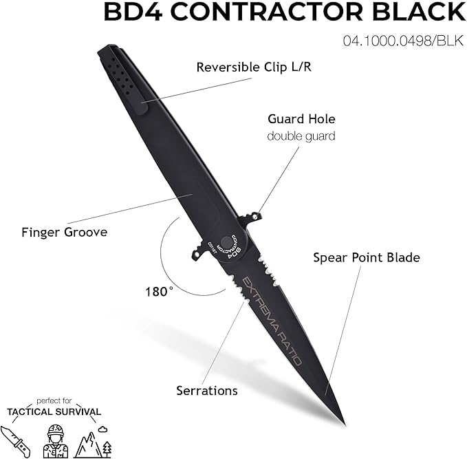 Extrema Ratio - BD4 Contractor (Black) Folding Knife Böhler N690 Steel Blade 58 HRC Black Burnished Finish Smooth Aluminum Handle Ergonomic Design Reversible Clip Italian Craftsmanship Durable