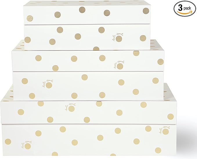 kate spade new york Decorative Storage Boxes with Lids 3 Pack Sturdy Organizer Storage Bins Includes Small Medium Large Pink Nesting Boxes with Magnetic Closure Gold Dot with Script