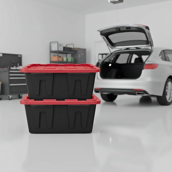 27 Gallon Heavy-Duty Storage Totes with Secure Snap Lids 2-Pack Stackable Plastic Bins for Garage Basement Attic Organization - Black Base &amp Red Lid Lockable Design for Indoor/Outdoor Use (2 P