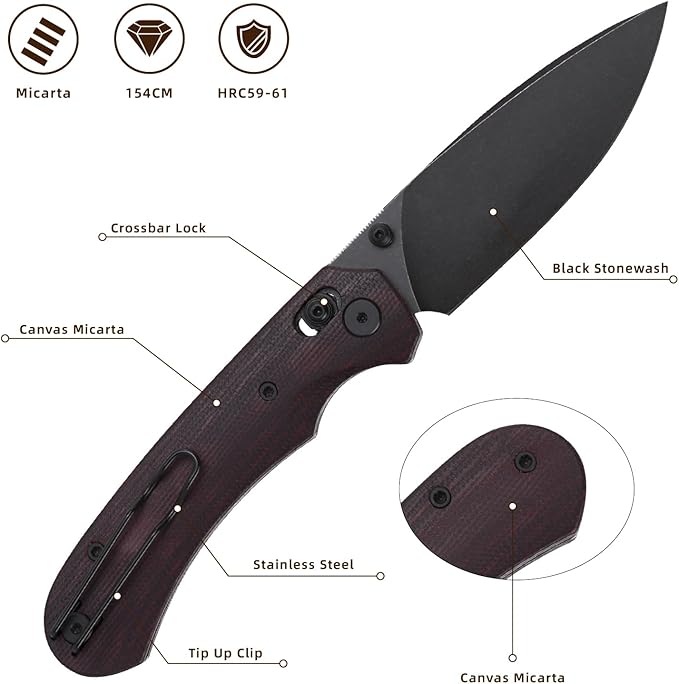Folding Pocket Knife 3.31'' 154CM Blade EDC Knife Erogonomic Canvas Micarta Handle Pocket Knives for Men Hunting Hiking Survival Knives (Red)