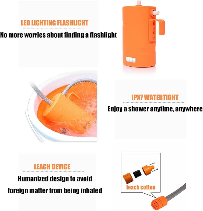 A/orangePortable camping shower comes with a rechargeable IPX7 electric pump LED lighting function hook and suction cup two fixed shower modes suitable for camping and traveling
