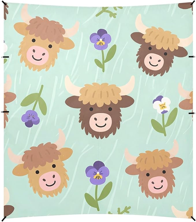 ALAZA Cartoon Highland Cattle Flowers Pattern Beach Tent Sun Shelter Portable Canopy Sunshade for Outdoor Camping Picnics Backyard Fun 10x9 ft