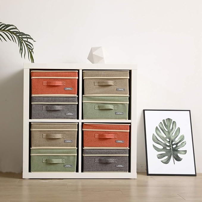YueYue Small 4 Pack Fabric Stroage Box with Lids Linen Foldable Stroage Box with lids 4 Color Set 12.4in/12in/6.7in