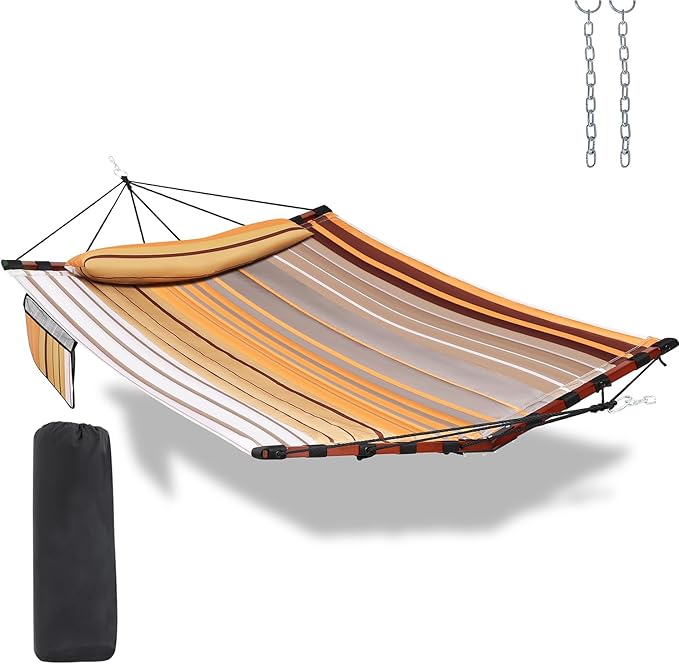 TegerDeger 12FT 2 Person Hammock Large Hammock 450LB Capacity with V Shaped Hardwood Spreader Bar &amp Nylon Rope for Outside Patio Garden Backyard Beach Poolside - Fall Yellow Stripes