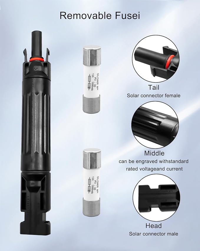 5 Pcs 10A Solar Fuse Holder Inline with Male and Female Connector for Solar Panel and Solar Controller IP68 Waterproof Solar Fuse Connector with 10 Fuse
