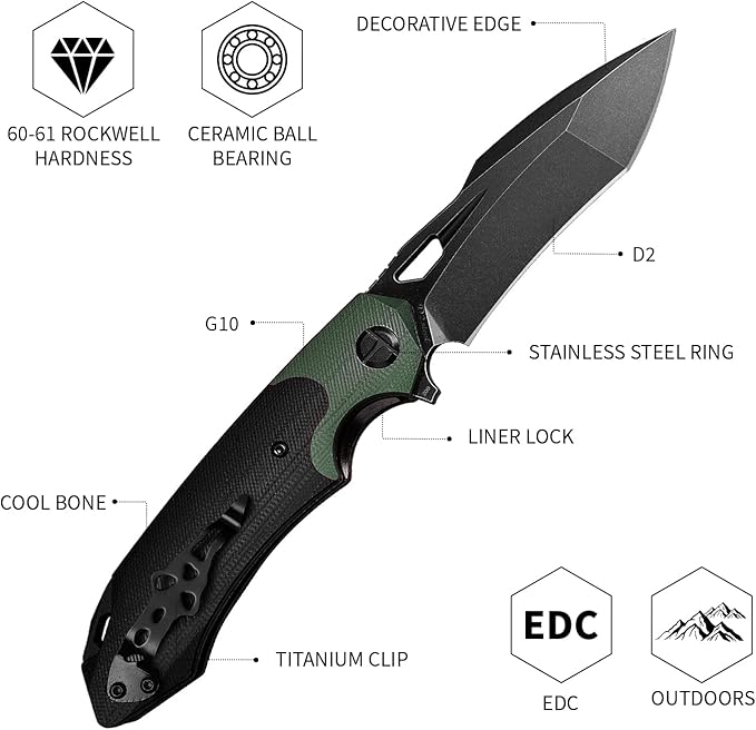 D2 Steel Folding Knife - 9CM Black Tactical Blade G10 Handle Pocket Clip - EDC Camping Survival Hunting - 60-61HRC Vacuum Heat Treated Stonewash Finish