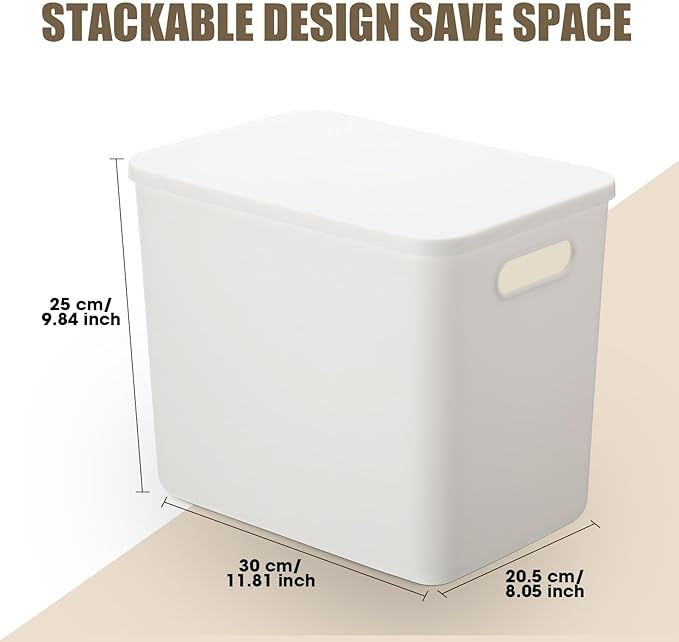 Honeydak 6 Pcs White Plastic Storage Bins with Lids 11.81 x 8.07 x 9.84 Plastic Storage Baskets Boxes Stackable Containers with Lids Organizer Bins for Shelves Drawer Playroom