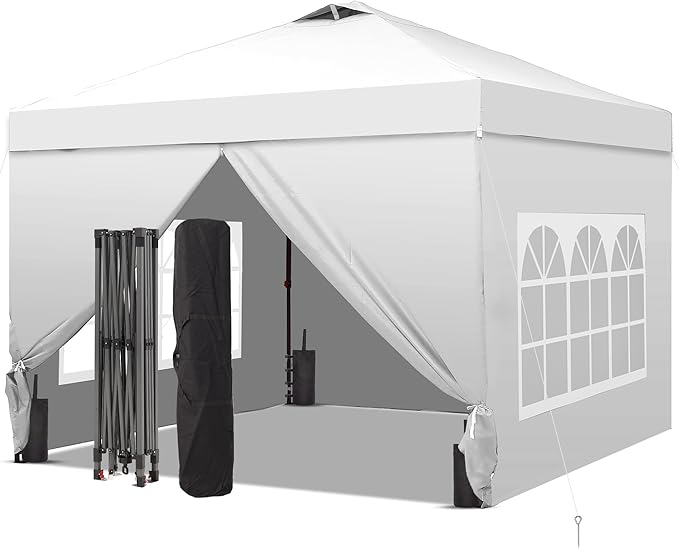 GDY 10x10 Pop Up Canopy Tent with 4 Sidewalls Easy Set up with One Push Lift Outdoor Silver Coated Beach Gazebos Carpas with 4 Sandbags for Events PartiesCamping White.
