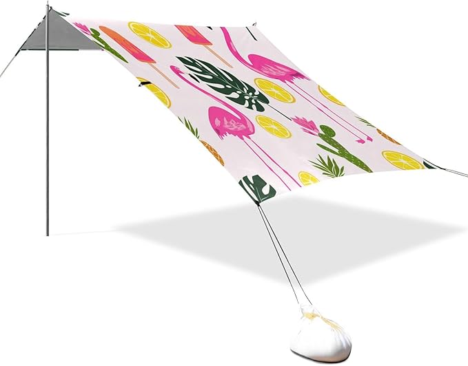 xigua Flamingos Beach Tent Sun Shelter with Carrying Bag - Silver Coated Oxford Fabric Beach Canopy for Beach Camping Fishing - Includes Windproof Ropes Sandbags &amp Stakes