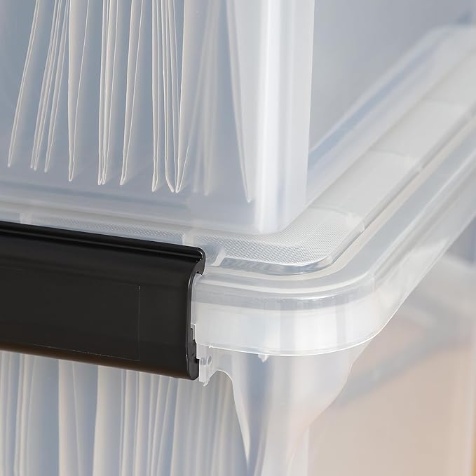 IRIS USA File Box WeatherPro File Organizer Plastic File Box for Letter/Legal File Water Resistant Document Box Durable Lid Seal w/Secure Latching Buckles Stackable Nestable Clear 32 Qt. 4Pack
