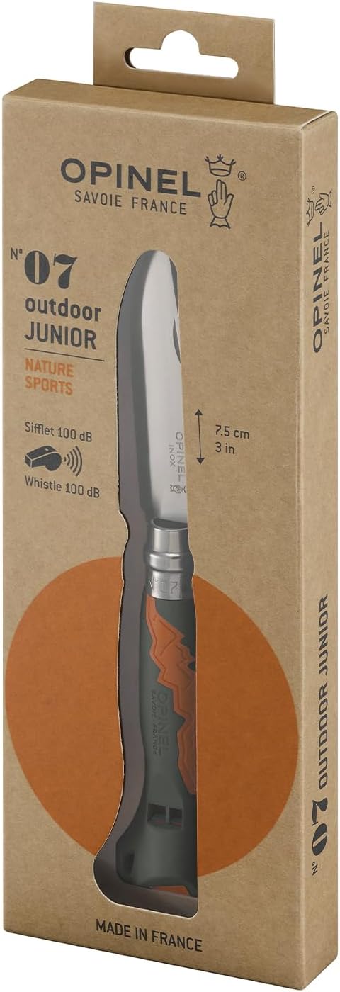 Opinel Outdoor Junior No. 07 Stainless Steel Folding Knife with Safety Rounded Tip Integrated Whistle Made in France