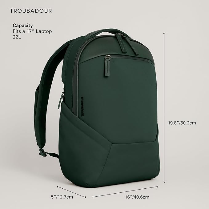 Troubadour Apex 4.0-22L Premium Laptop Backpack - Ergonomic &amp Water Resistant - Designed for Work and Travel - Obsidian Green