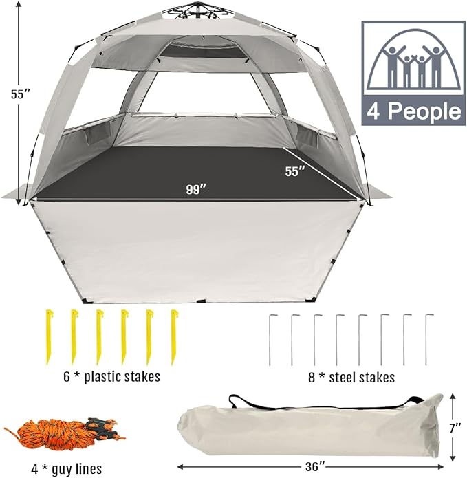 WhiteFang Deluxe Pop Up Beach Tent Sun Shade Shelter for 3-4/5-6 Person UV Protection Extendable Floor with 3 Ventilating Windows Plus Carrying Bag Stakes and Guy Lines