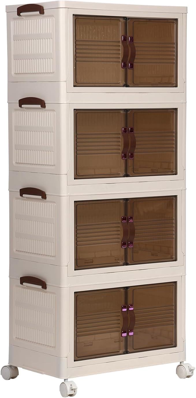 Closet Organizers 4 Tier Stackable Plastic Storage Bins with Lid Moveable Closet Storage Containers on Wheels Foldable Storage Box Cabinet Organizer for Home Office Pantry (3/4 Tiers)