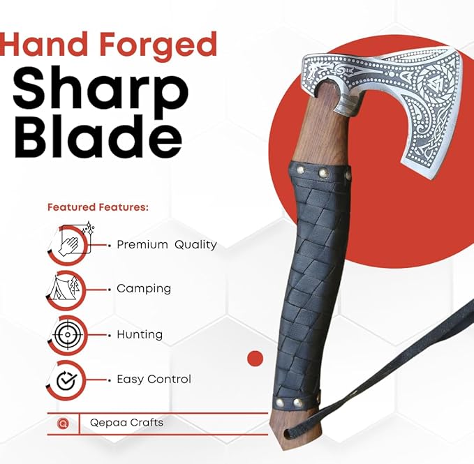 Qepaa Crafts®Russian Valknut Wood Viking Style Bearded Axe Tomahawk - Real Hatchet Best Gift for Anniversary Valentine's Day BirthdayLeather Sheath with Leather Wrap Handle Perfect Hand Grip (SFL)