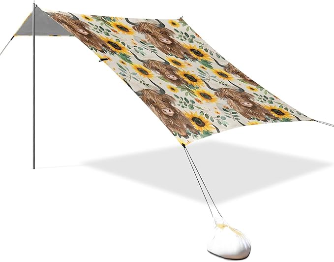 ALAZA Sunflower Highland Cows Pattern Beach Tent Sun Shelter Portable Canopy Sunshade for Outdoor Camping Picnics Backyard Fun 10x9 ft